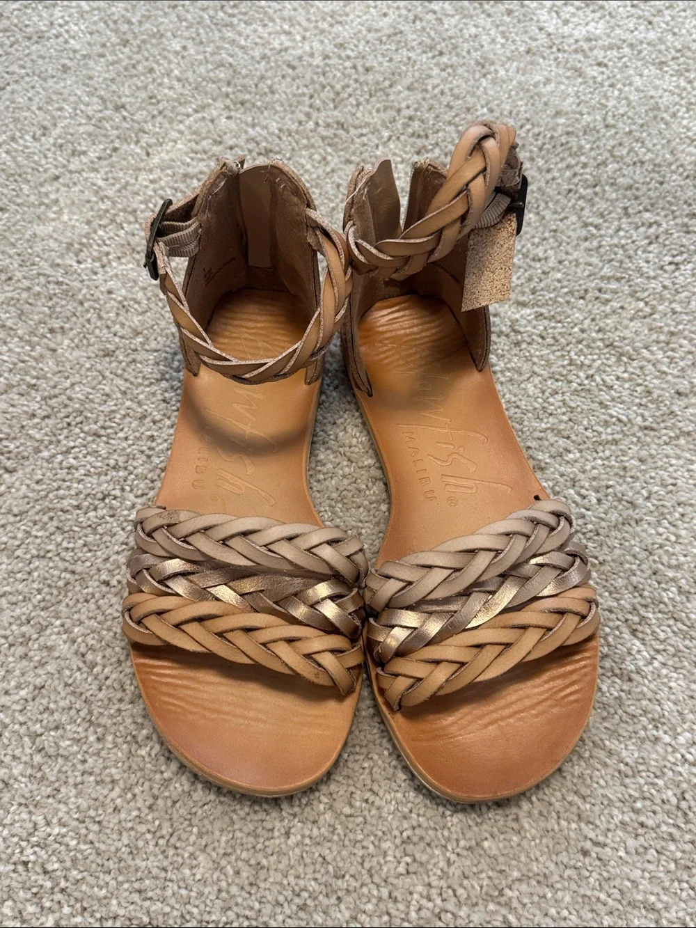 Blowfish Braided Ankle-Strap Sandals in Tan and Metallic